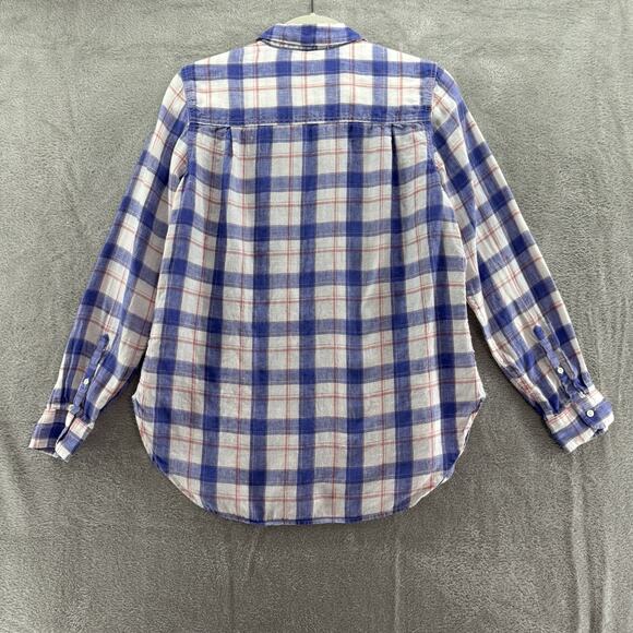 LLBean Top Womens S Blue Plaid Linen Button Up Shirt Long Sleeve Collared - Picture 6 of 14